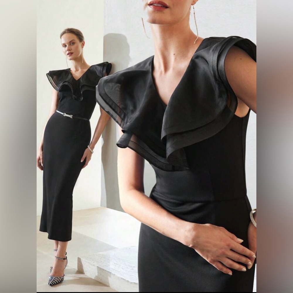 Elegant Black Midi Dress with Ruffle Accents